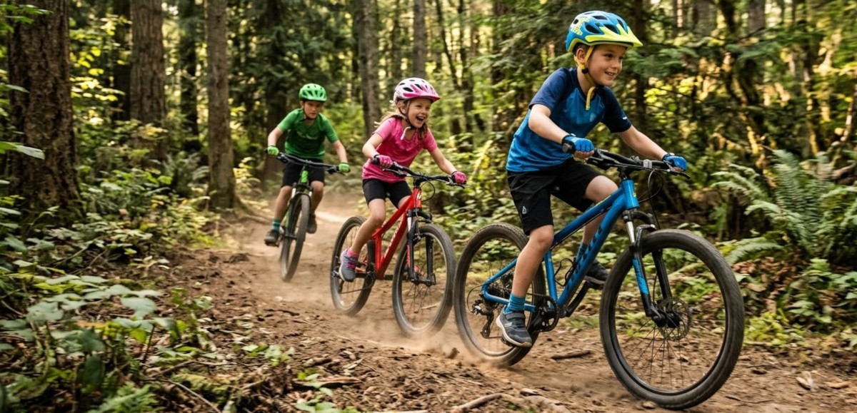 Dzieci ścigające się rowerami w lesie